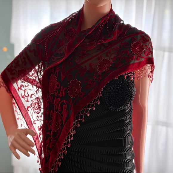 Accessories - Vintage 1999 Red Velvet Beaded Tango Shawl | Fringe Wrap